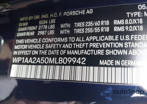 2021 Porsche Macan from USA, damaged, VIN WP1AA2A50MLB09942